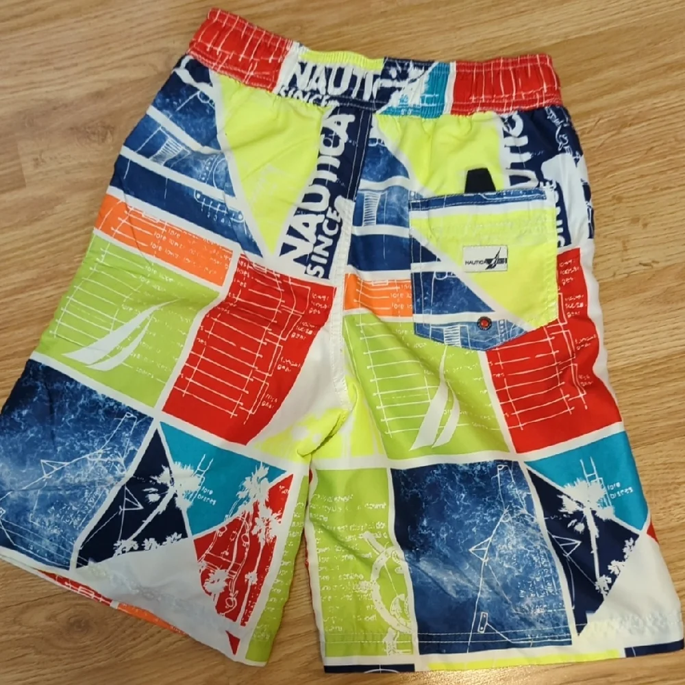 Nautica Red and Blue Swim Trunks Vibrant Geometric Design - Picture 4 of 7